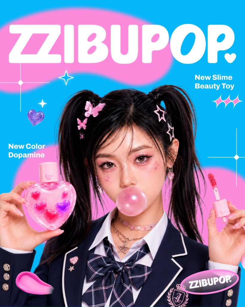 Model with bubble gum holding ZZIBUPOP tint