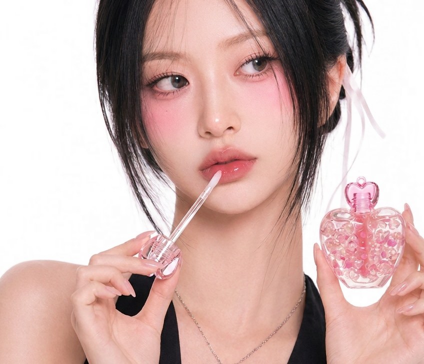 찌부팝을 들고 완드로 립을 바르는 모델 컷